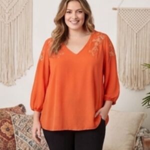 Guillaume Tangerine Embroidered Peasant Blouse
